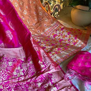 Indian Lahenga (Gold + orange + Shocking Pink) + Soft Banarsee